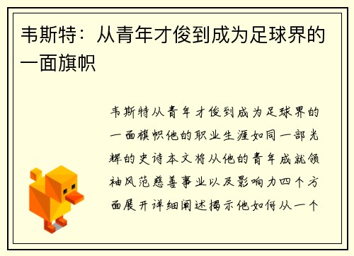 韦斯特：从青年才俊到成为足球界的一面旗帜
